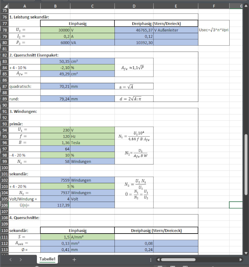 excelsheet für trafoberechnung